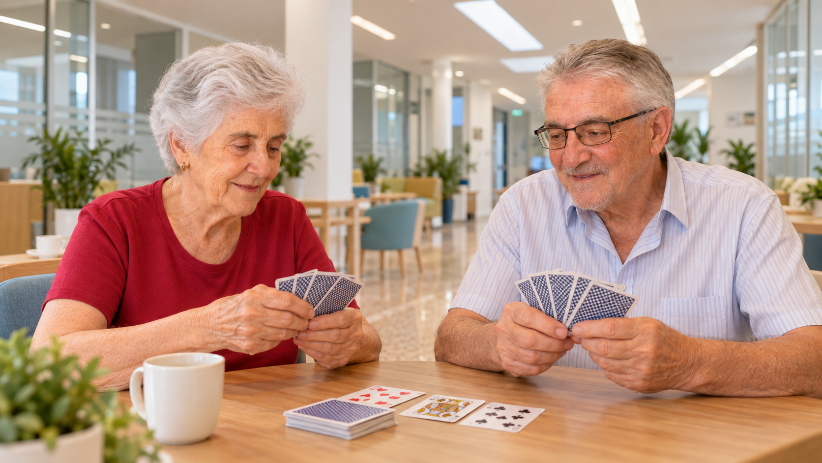 Dues persones grans compartint una partida de cartes